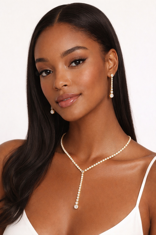 Bejeweled Rhinestone Y Drop Set- Necklace