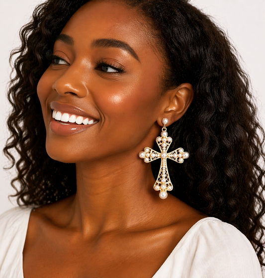 Divine Elegance Pearl Cross-Earrings