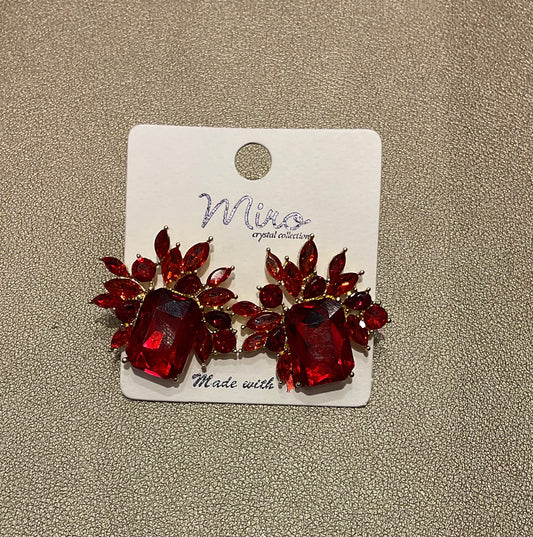 Floral Jeweled Earrings - Red
