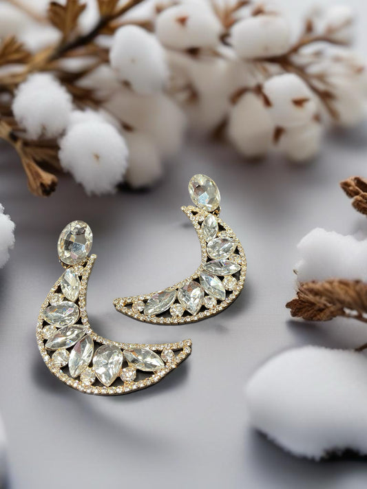Moon Crest Blinged Earrings - Gold